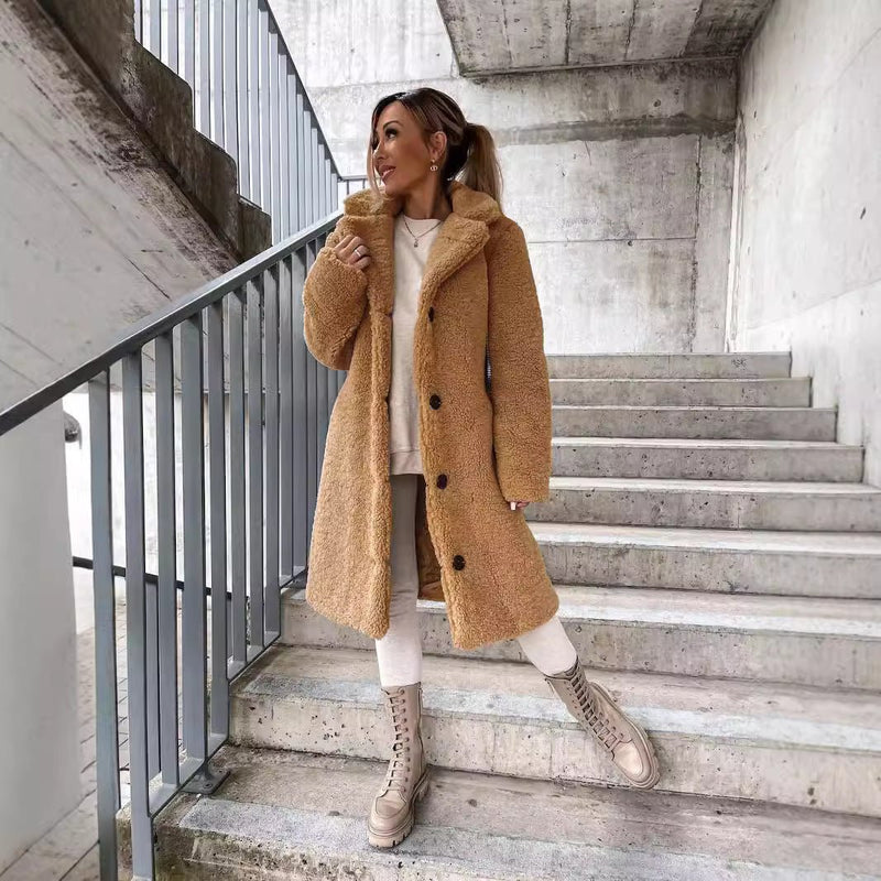 Women's Teddy Sherpa Coat | Long Teddy Coat with Lapel and Buttons