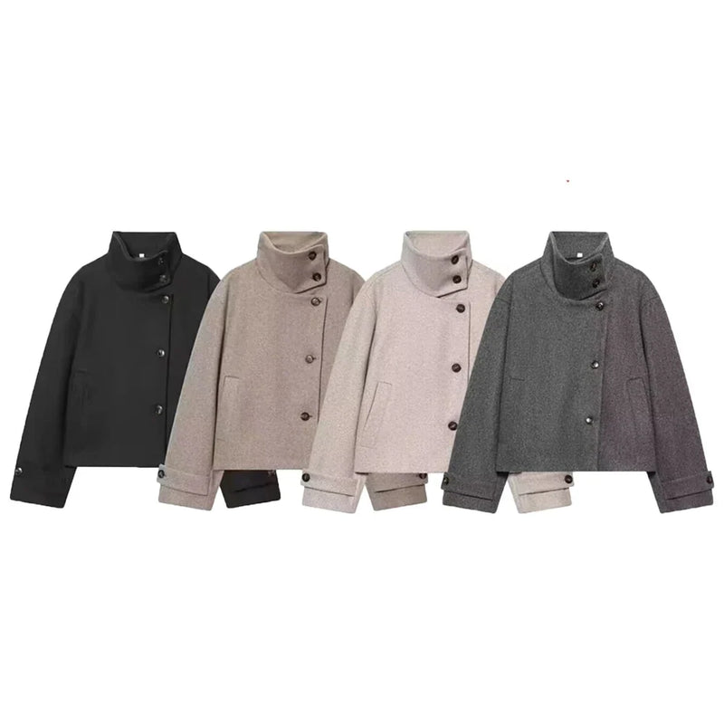 Abrigo Corto de Cuello Alto para Mujer | Chaquetón Efecto Paño con Botones Asimétricos
