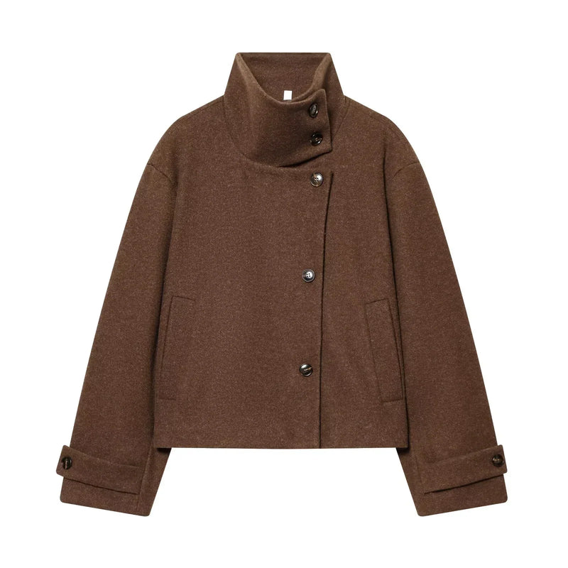 Abrigo Corto de Cuello Alto para Mujer | Chaquetón Efecto Paño con Botones Asimétricos
