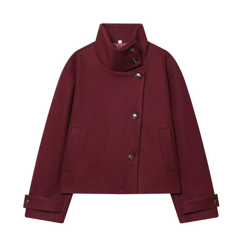 Abrigo Corto de Cuello Alto para Mujer | Chaquetón Efecto Paño con Botones Asimétricos