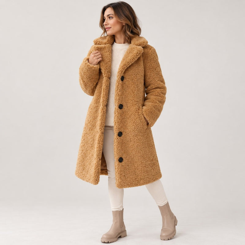 Women's Teddy Sherpa Coat | Long Teddy Coat with Lapel and Buttons