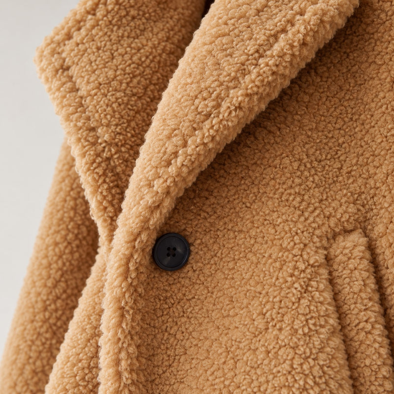 Women's Teddy Sherpa Coat | Long Teddy Coat with Lapel and Buttons