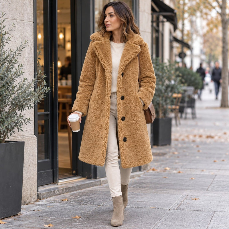 Women's Teddy Sherpa Coat | Long Teddy Coat with Lapel and Buttons