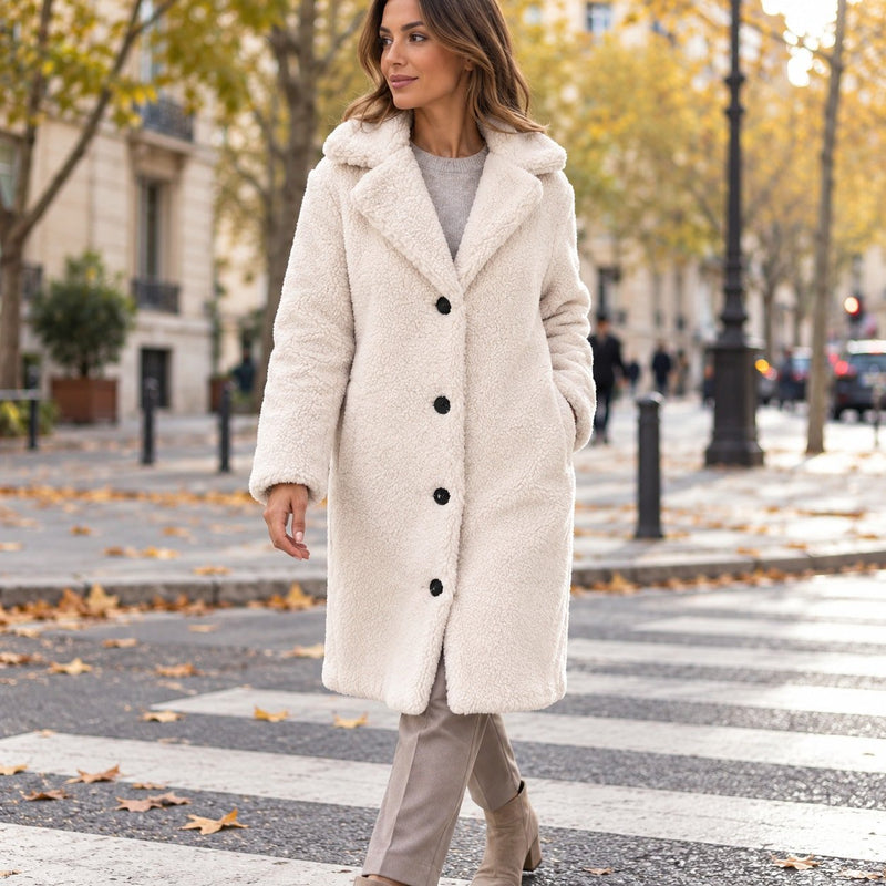 Women's Teddy Sherpa Coat | Long Teddy Coat with Lapel and Buttons