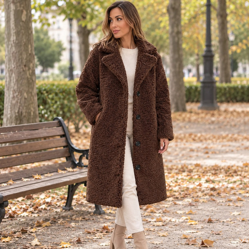 Women's Teddy Sherpa Coat | Long Teddy Coat with Lapel and Buttons