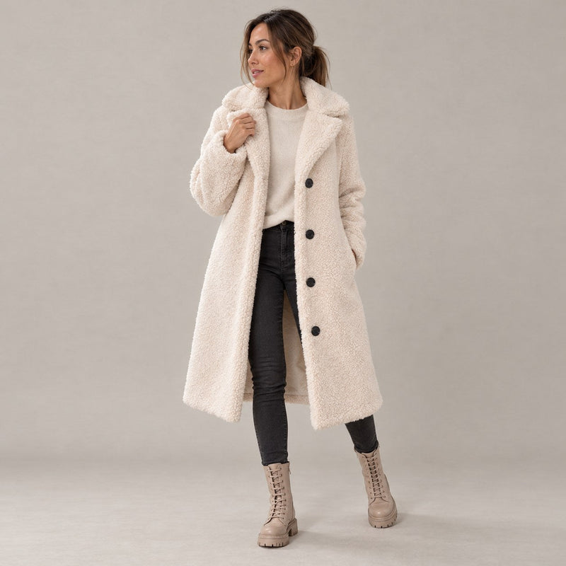 Women's Teddy Sherpa Coat | Long Teddy Coat with Lapel and Buttons