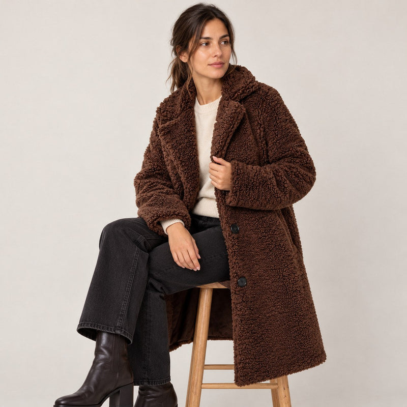 Women's Teddy Sherpa Coat | Long Teddy Coat with Lapel and Buttons