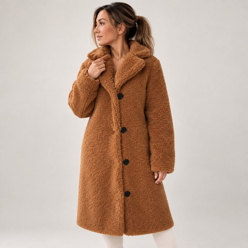 Women's Teddy Sherpa Coat | Long Teddy Coat with Lapel and Buttons