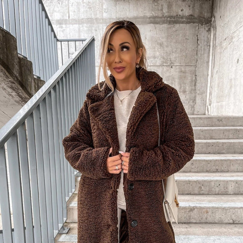 Women's Teddy Sherpa Coat | Long Teddy Coat with Lapel and Buttons