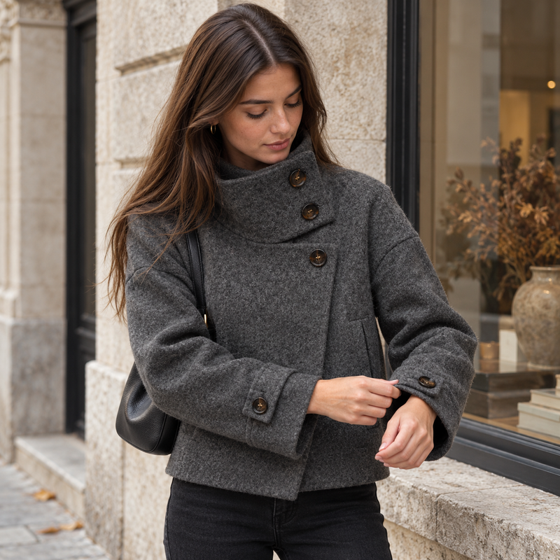 Abrigo Corto de Cuello Alto para Mujer | Chaquetón Efecto Paño con Botones Asimétricos