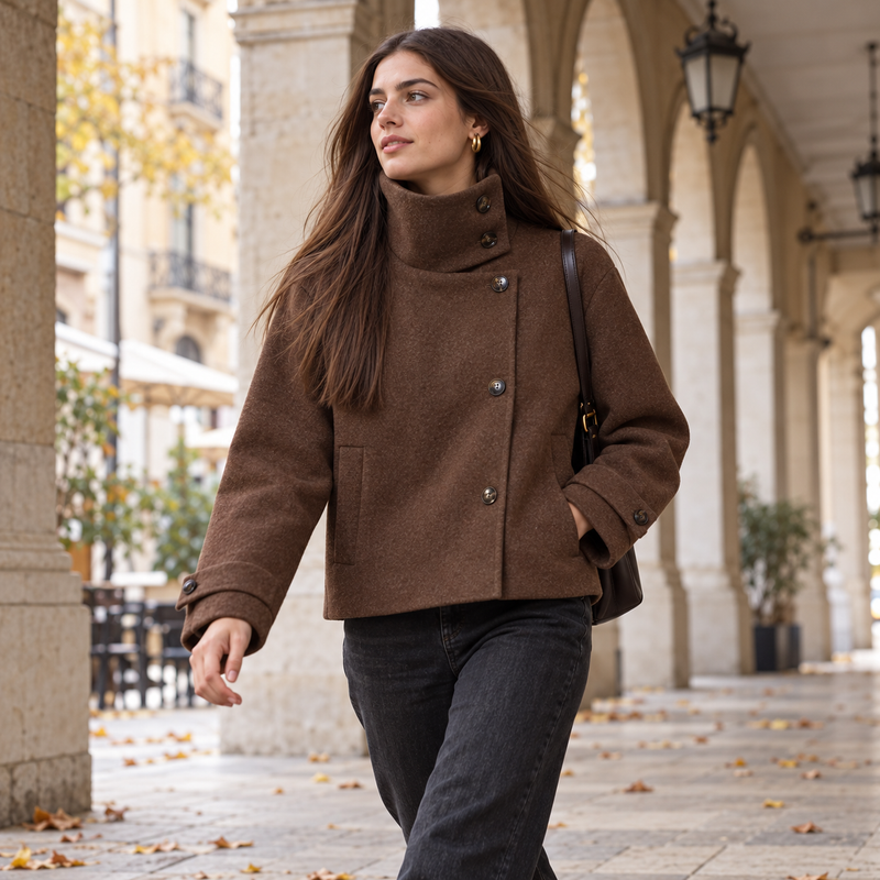 Abrigo Corto de Cuello Alto para Mujer | Chaquetón Efecto Paño con Botones Asimétricos