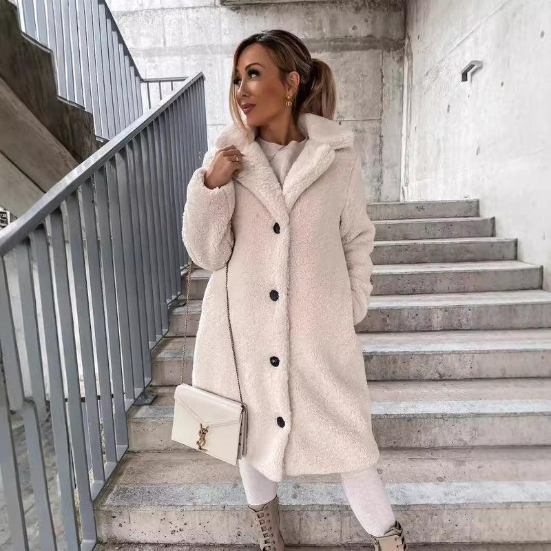 Women's Teddy Sherpa Coat | Long Teddy Coat with Lapel and Buttons