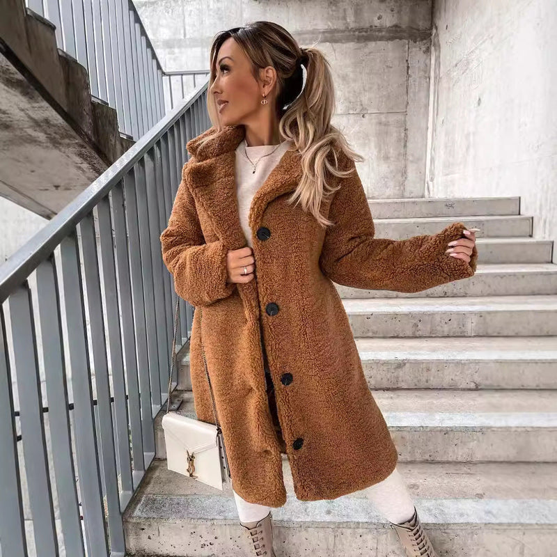 Women's Teddy Sherpa Coat | Long Teddy Coat with Lapel and Buttons