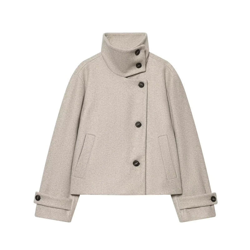 Abrigo Corto de Cuello Alto para Mujer | Chaquetón Efecto Paño con Botones Asimétricos