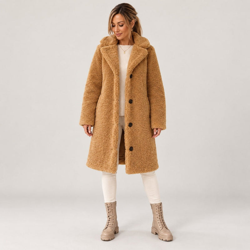 Women's Teddy Sherpa Coat | Long Teddy Coat with Lapel and Buttons