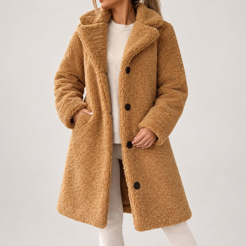 Women's Teddy Sherpa Coat | Long Teddy Coat with Lapel and Buttons