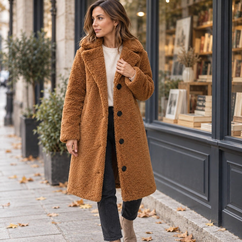 Women's Teddy Sherpa Coat | Long Teddy Coat with Lapel and Buttons