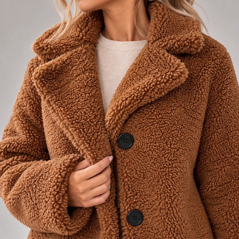Women's Teddy Sherpa Coat | Long Teddy Coat with Lapel and Buttons